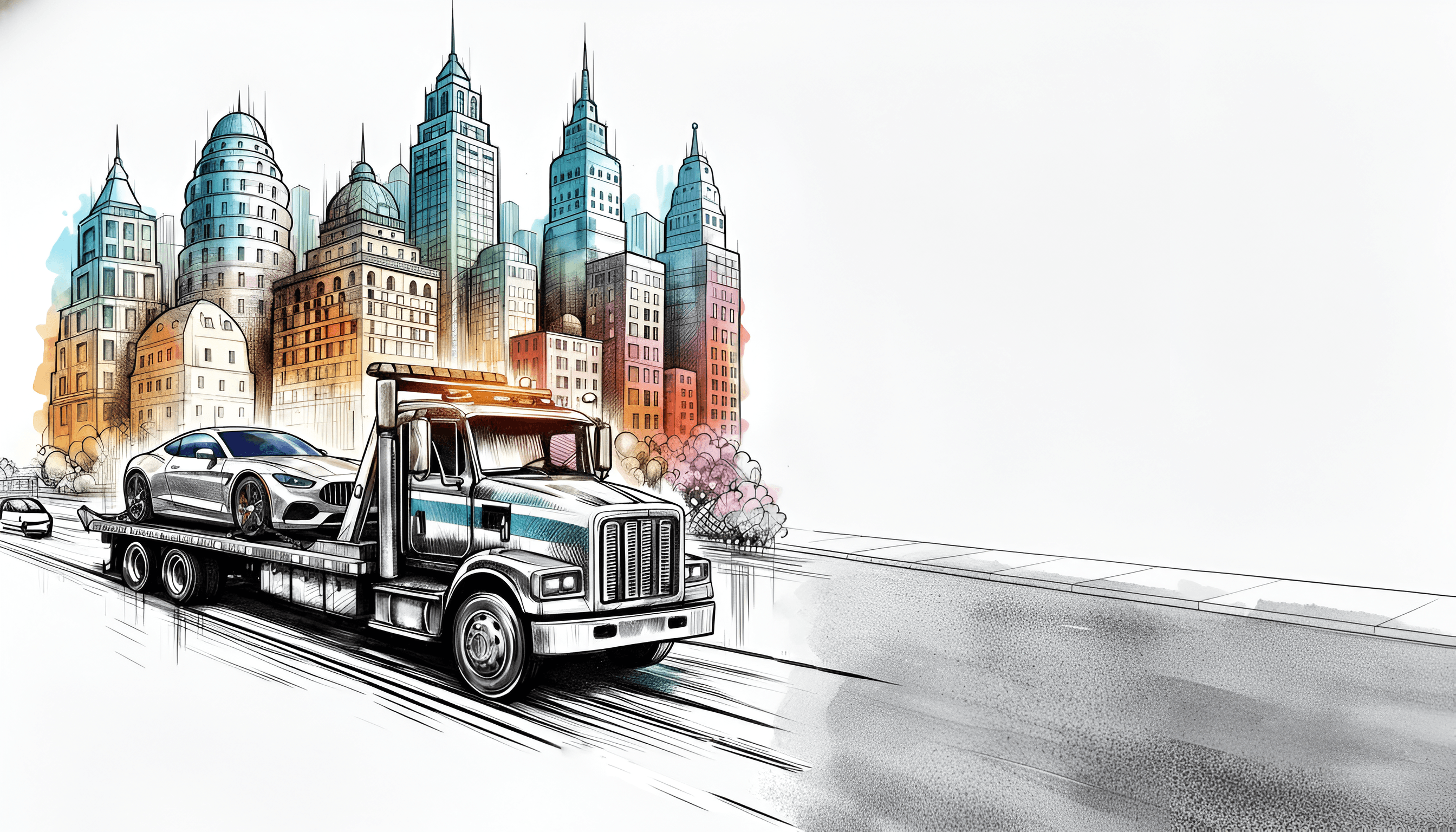 Tow truck driving through a city skyline
